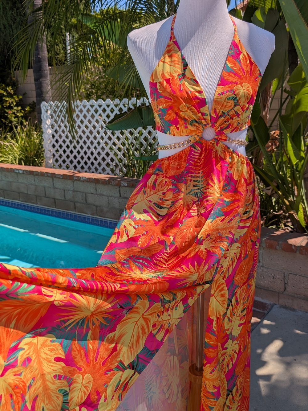 Amazon Tropical Halter Maxi Dress in Pink, Orange & Yellow